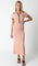 woman wearing a pink ribbed midi dress with a collared neck and black button details