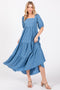 Blue Textured Tiered Midi Dress