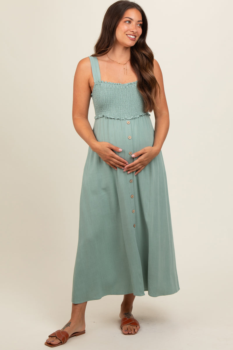 Ofably Maternity Button Feeding Cotton Dress- Green (OFMK155)