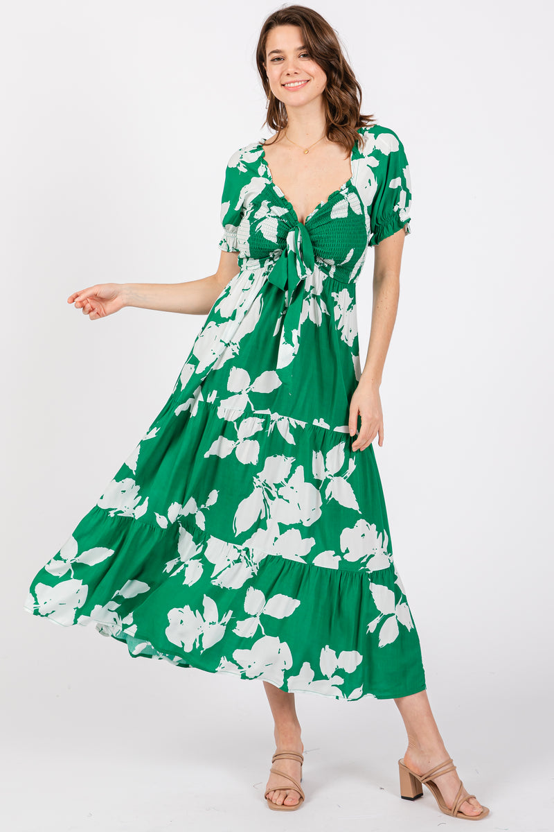 Green Floral Smocked Knotted Top Maxi Dress – PinkBlush