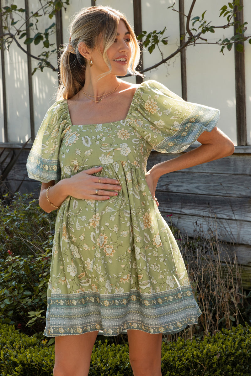 Green Floral Puff Sleeve Collar Buttoned Babydoll Dress main image 1