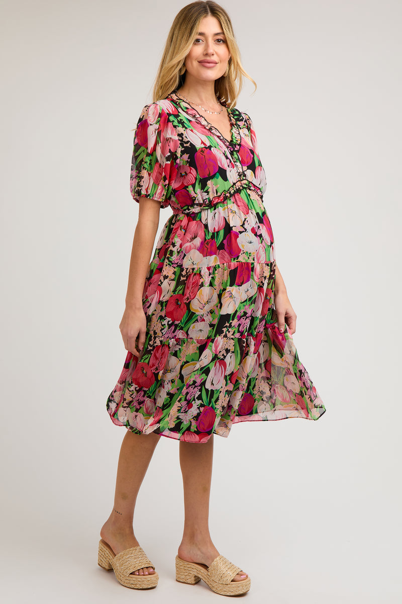 Solid Sleeveless Ruffle Tiered Maternity Midi Dress