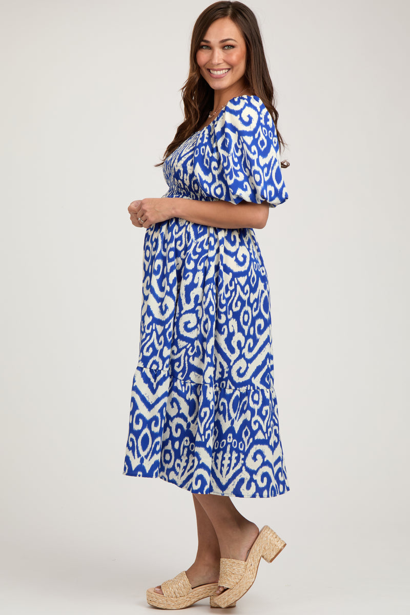 Blue Smocked Ruffle Maternity Dress
