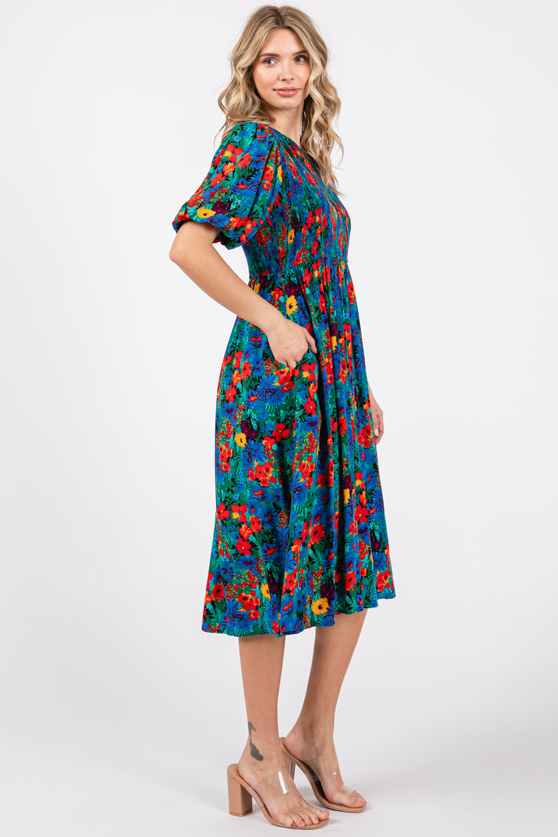 Multicolor Floral Puff Sleeve Dress