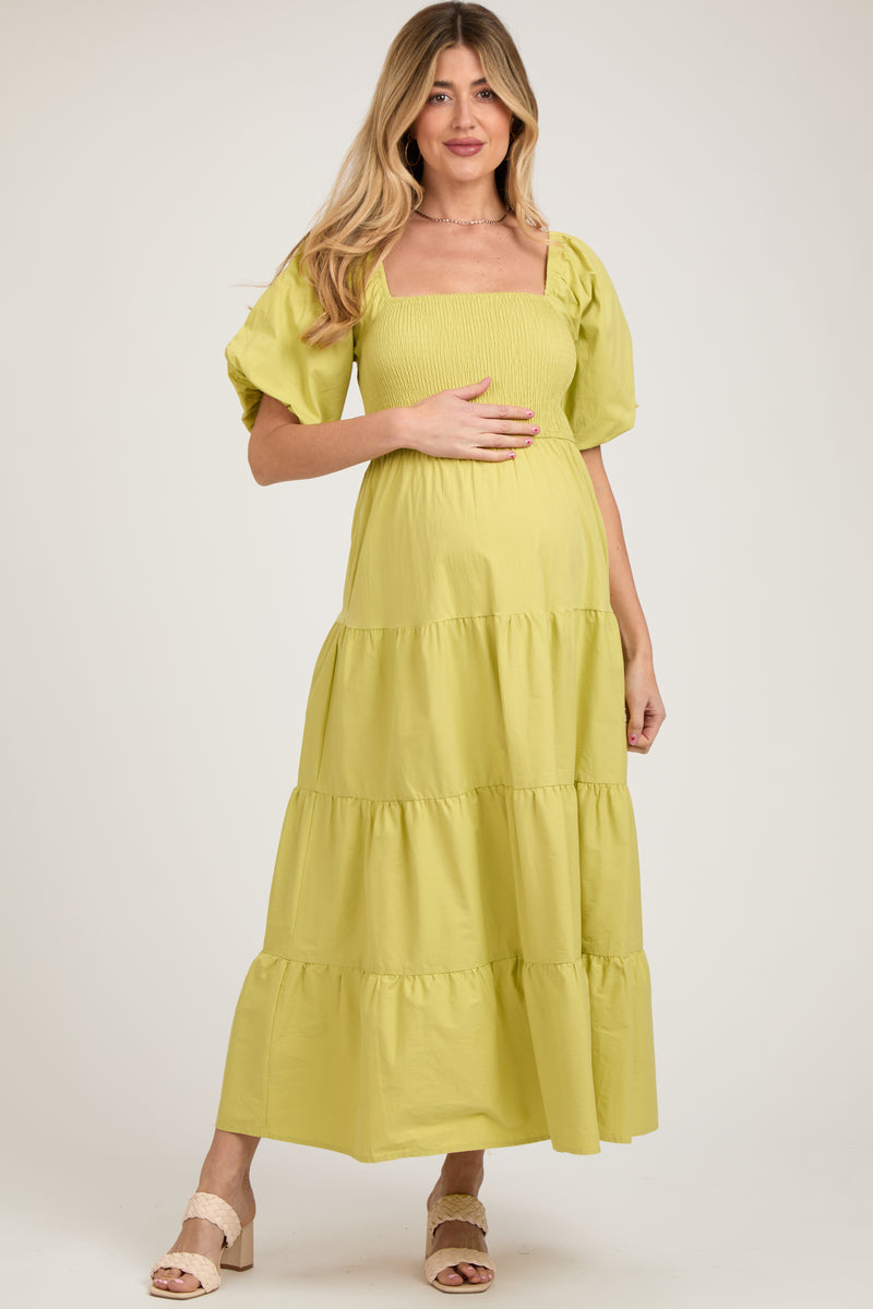 Light Olive Chiffon V-Neck Ruffle Tiered Maternity Maxi Dress