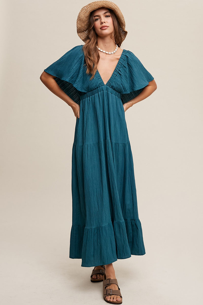 V-neck Waist Ruched Dress with Flutter Sleeves Emerald