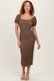 Brown Popcorn Textured Short Puff Sleeve Midi Dress