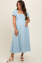 Light Blue Puff Sleeve Linen Maternity Midi Dress