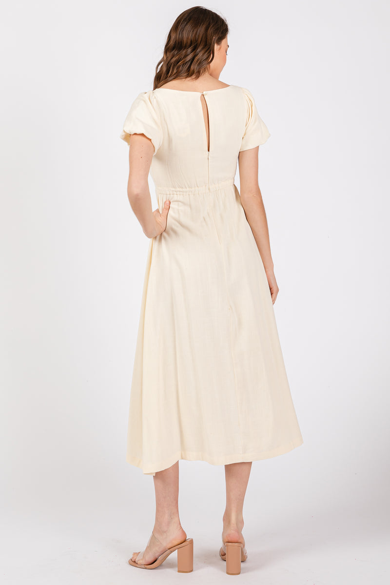 MDS Women Ruffle Trim Linen Dress with Puff Sleeves - Camel - Overland Park