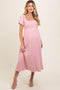 Pink Puff Sleeve Linen Maternity Midi Dress