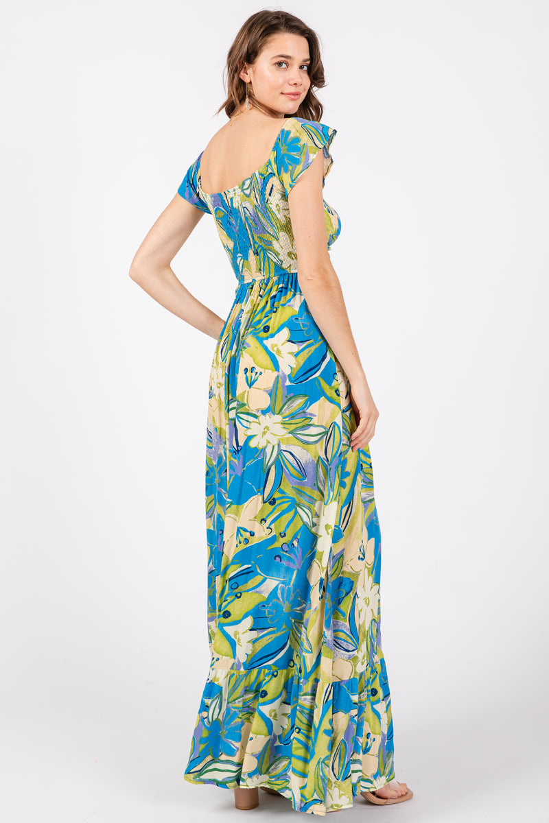 OFF SHOULDER RUFFLED MAXI DRESS IN TINGED BLUE