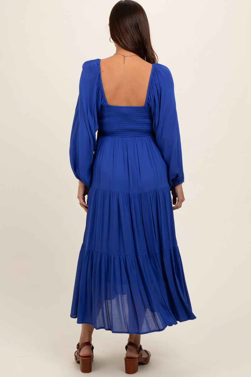 Blue Floral Collared Tiered Maternity Midi Dress