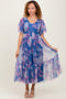 Blue Leaf Print Mesh Smocked Midi Dress
