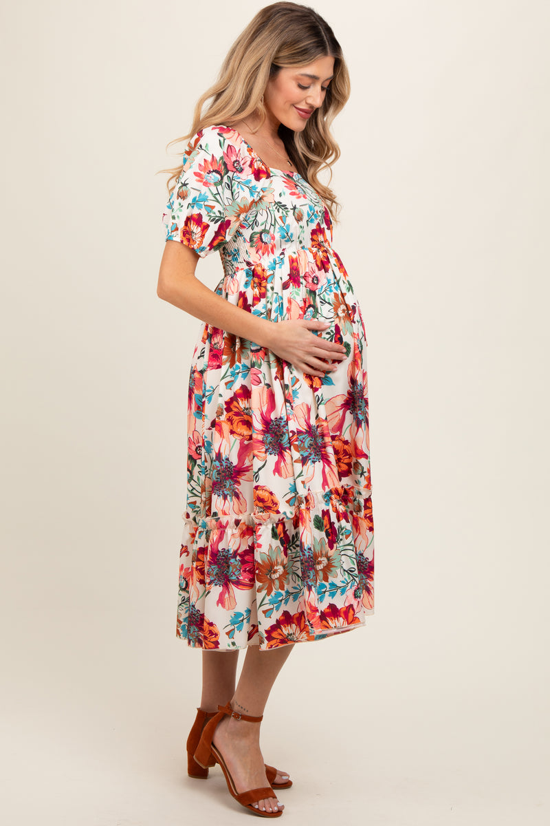 Pink Floral Puff Sleeve Button Down Maternity Midi Dress main image 0