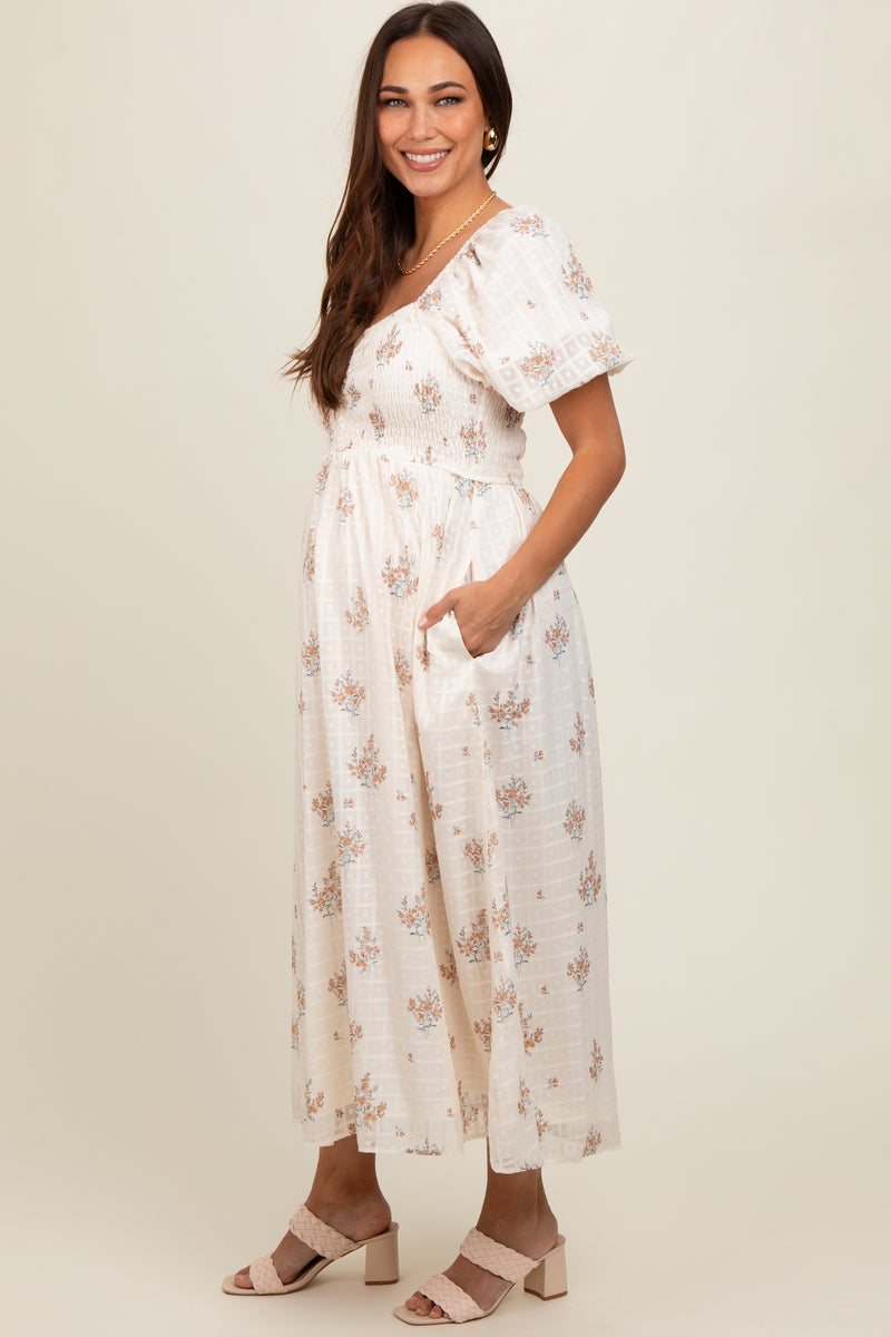 Beige Mock Neck Flared Maternity Midi Dress