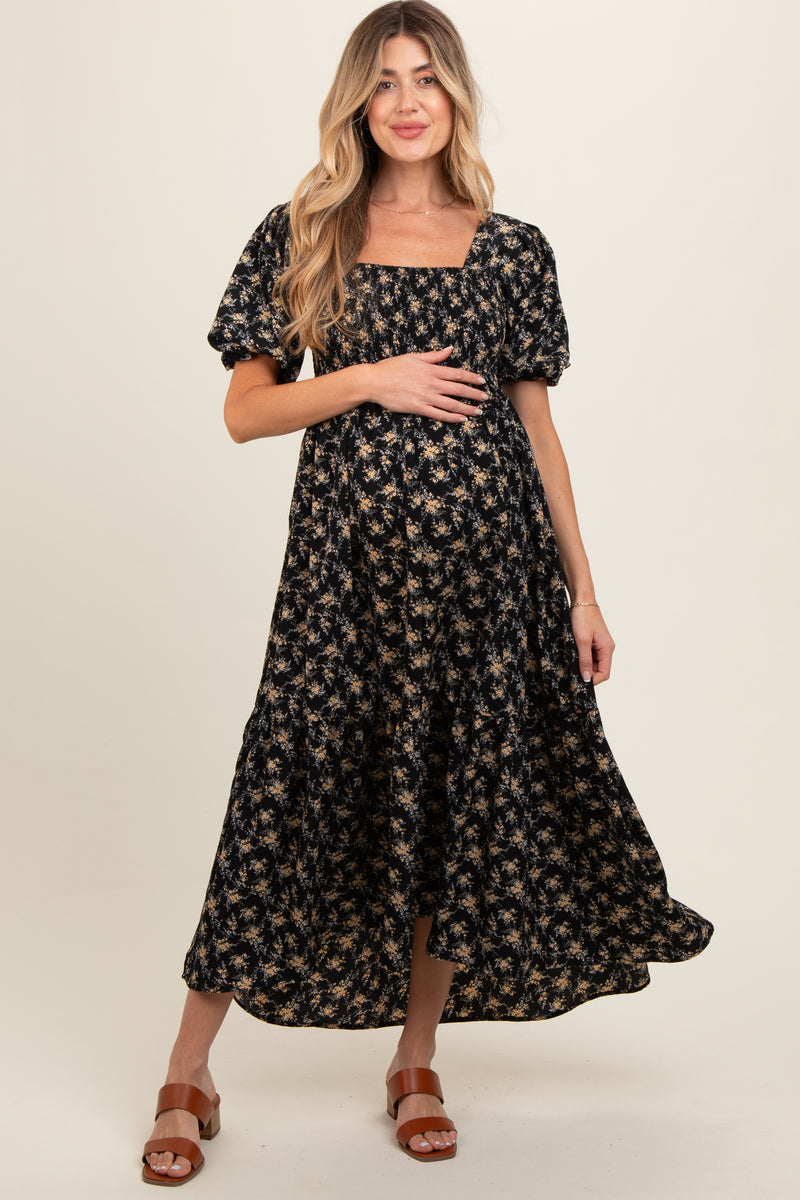 Black Smocked Floral Maternity Midi Dress main image 0