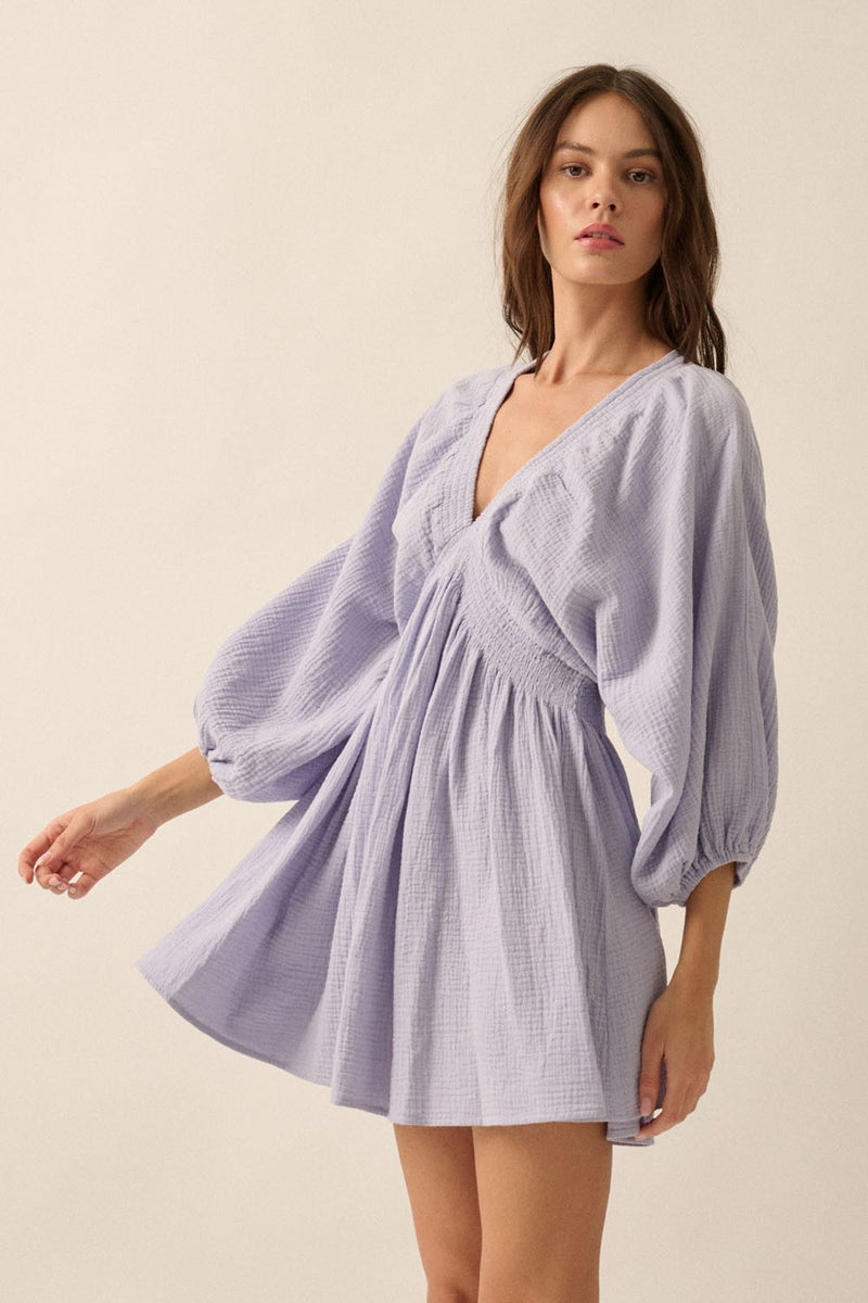 Abstract V-Neck Dolman Sleeve Ruffle Mini Dress