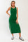 woman wearing a green sleeveless midi dress with white side stripes and white trim