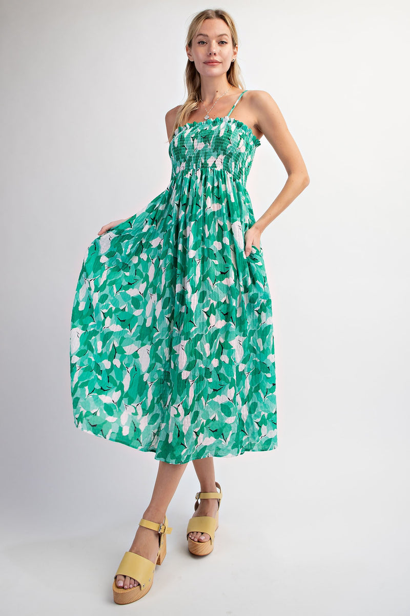 Green Abstract Floral Smocked Midi Dress– PinkBlush
