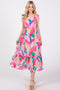 Pink Watercolor Print Ruffle Accent Midi Dress