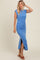 Blue Ruched Side Slit Midi Dress