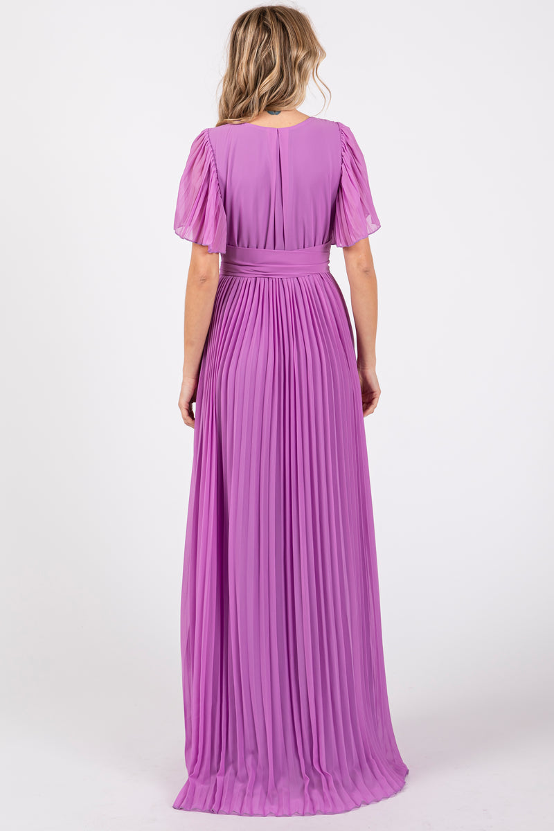 V-neck Sleeveless A-line Chiffon Pleated Dresses Lavender main image 0
