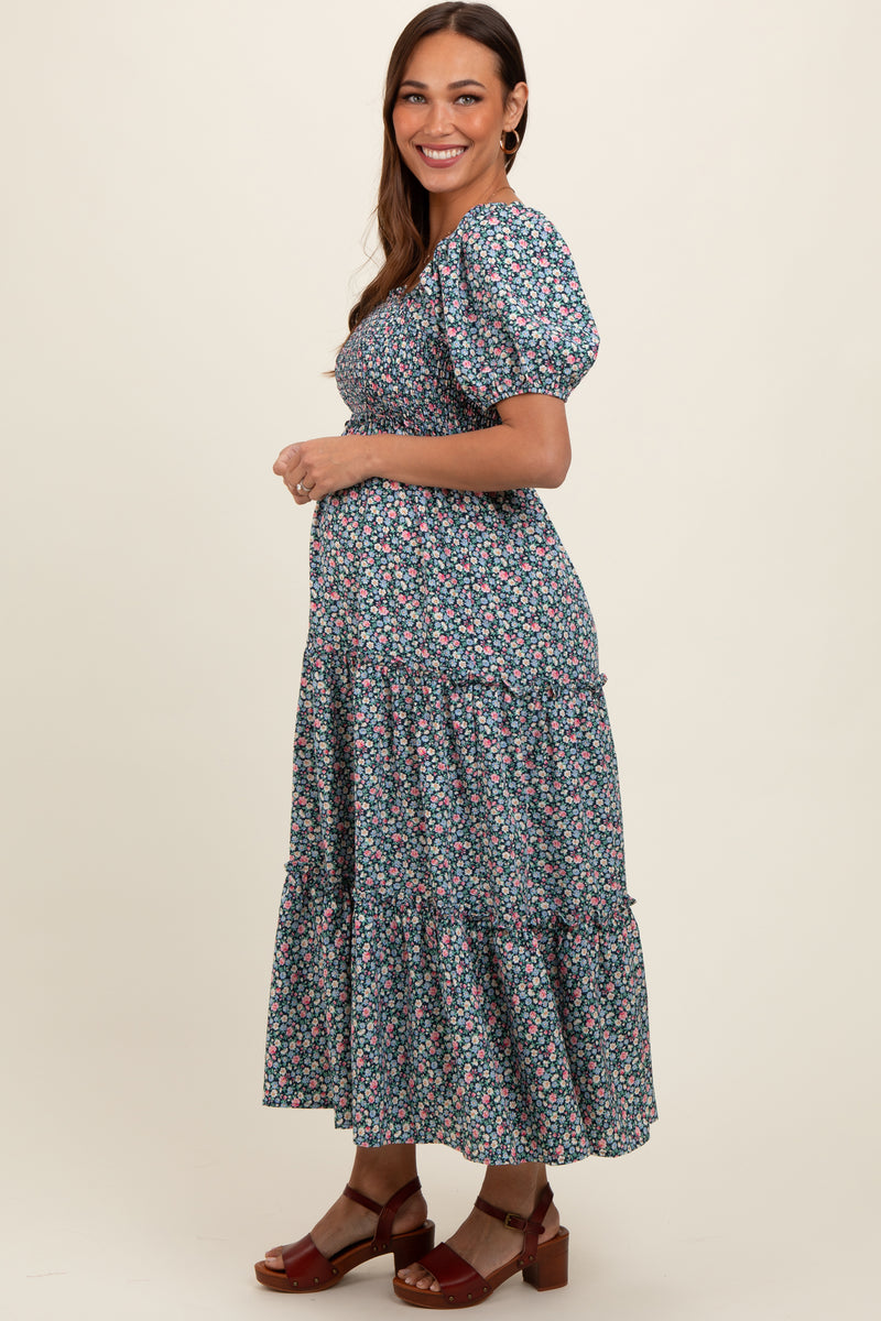 Navy Floral Smocked Tiered Puff Sleeve Maternity Maxi Dress  PinkBlush