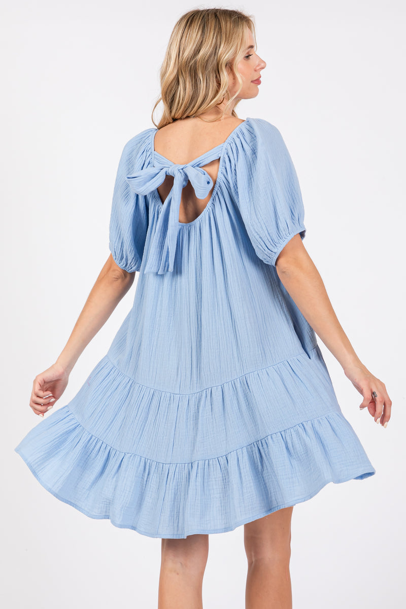 Light Blue Ribbon Back Detail Puff Sleeve Mini Dress – PinkBlush