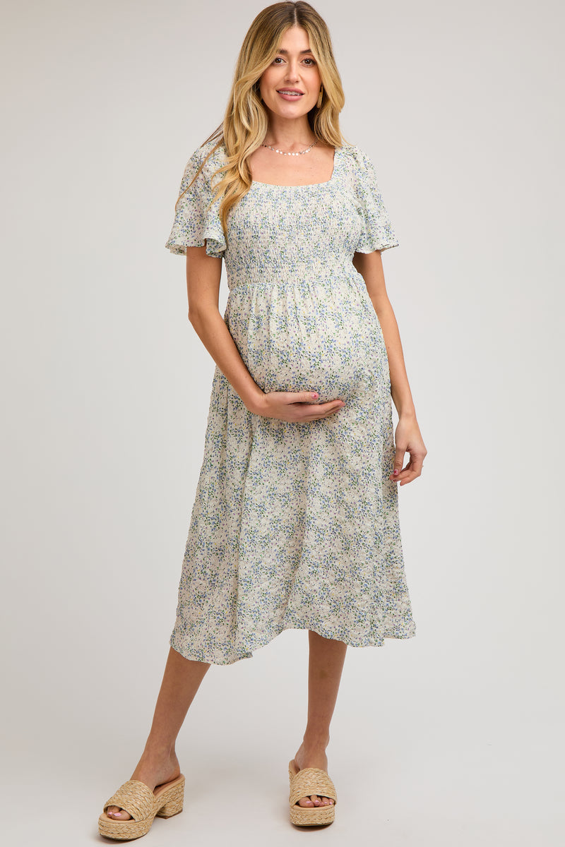 V-Neck Smocked Waist A-Line Midi Maternity Dress