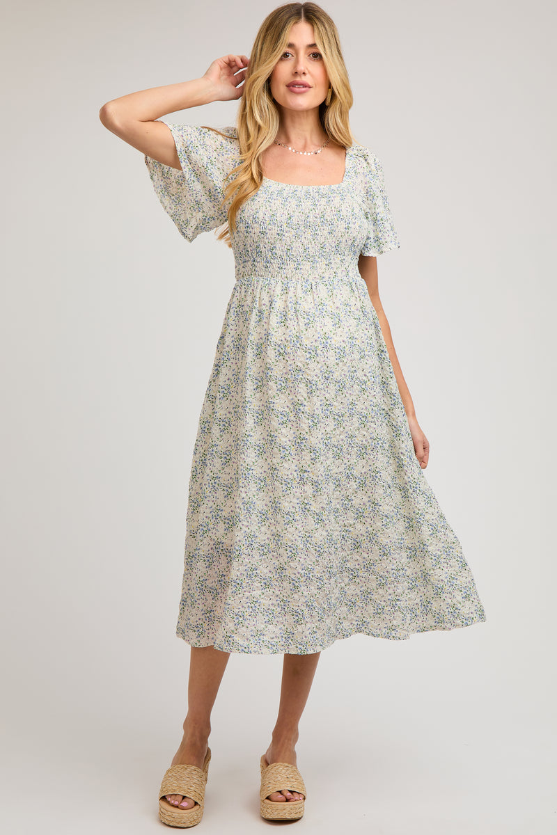 Mustard Watercolor Floral Square Neck Dress