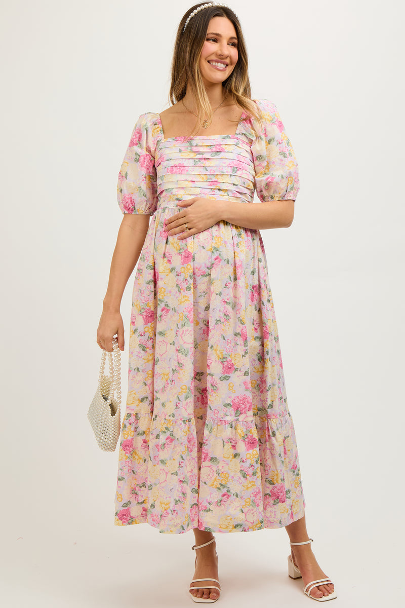 Pink Midi Dress Pregnant Easter Outfits Peach Floral Pleated Bust