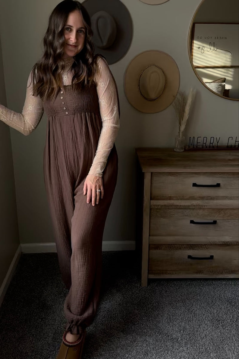 Tie-Shoulder Smocked Tiered Jumpsuit