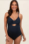 Navy Ribbed Wrap Front Drawstring Side Maternity One-Piece Swimsuit