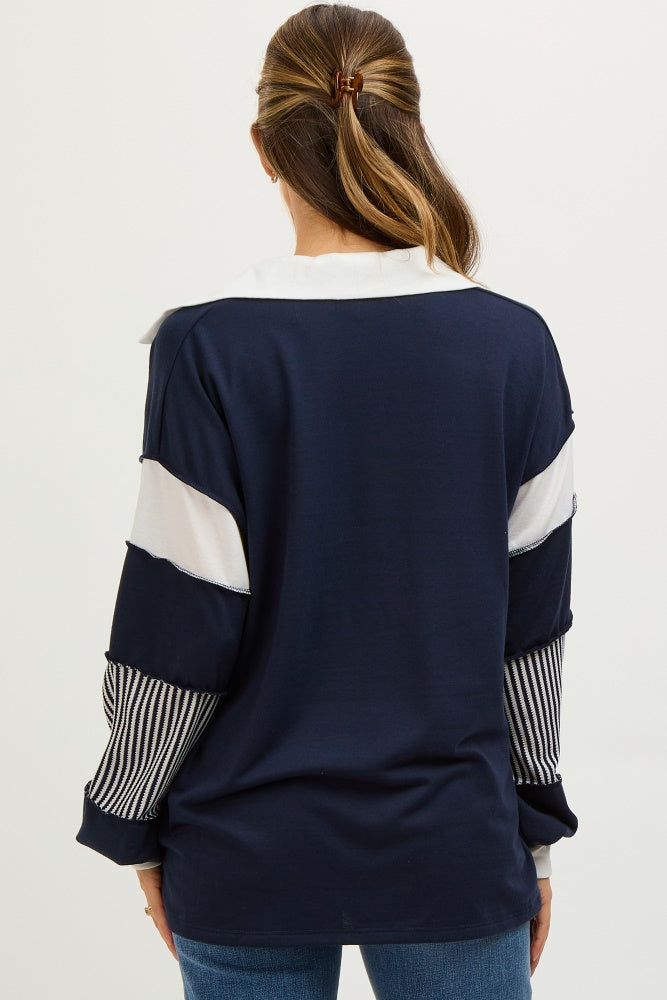 Ivory Striped Colorblock Collared Maternity Pullover Top