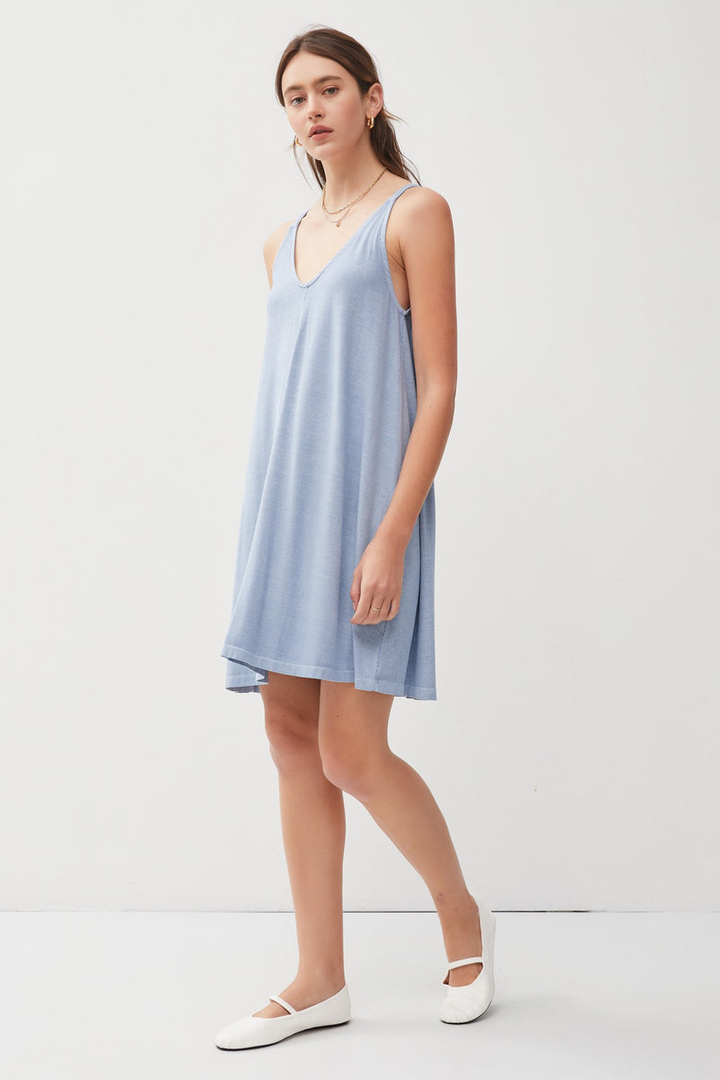 Blue Ribbed Fitted Sleeveless Snap Button Dress