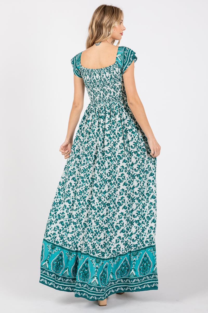 Smocked drawstring flower print backless cami maxi dress