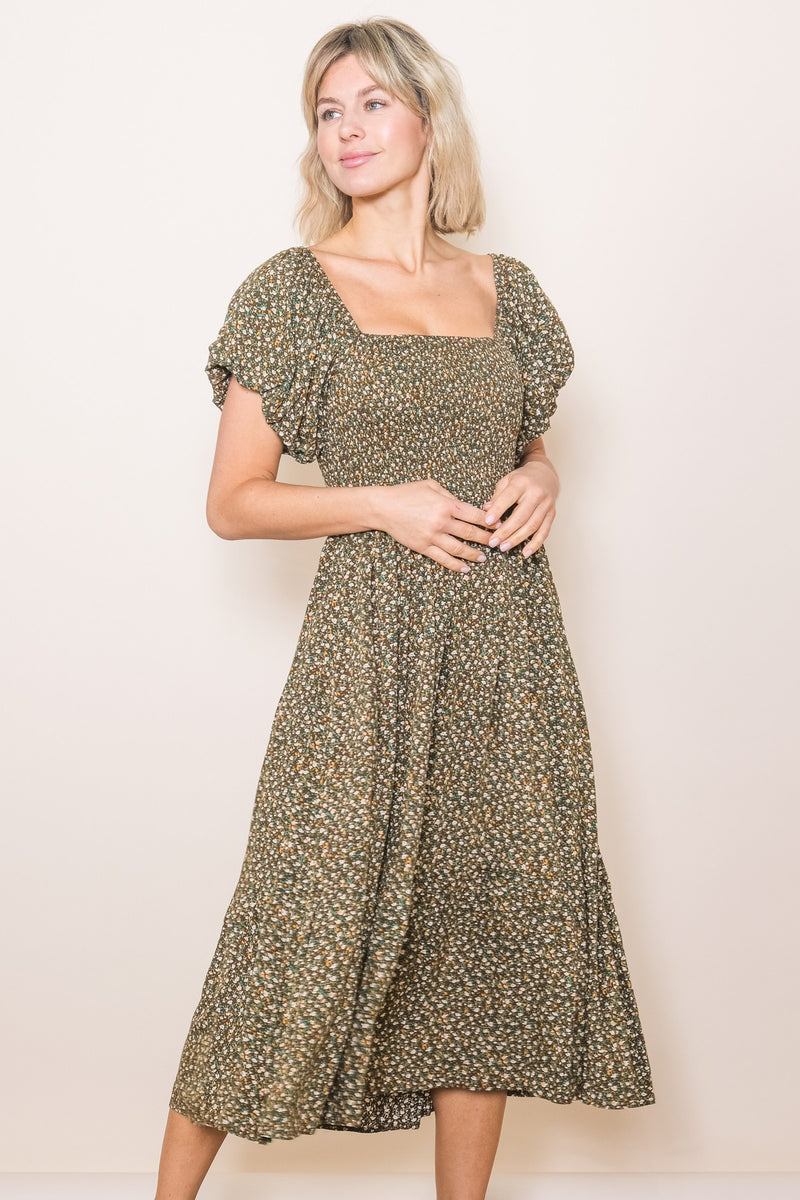 Light Olive Embroidered Floral Maternity Midi Dress