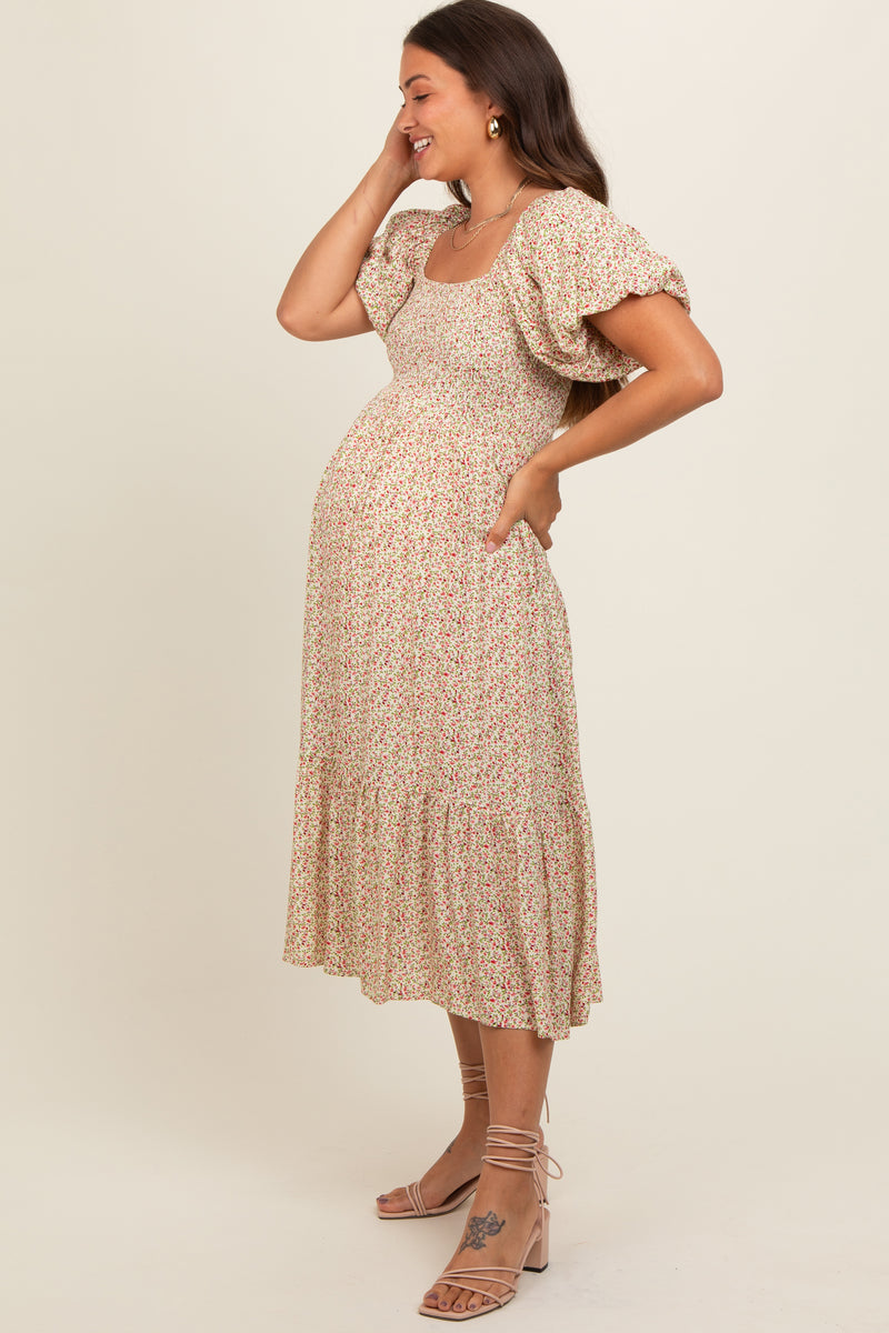 Cream-Coloured & Pink Floral Maternity Midi Dress main image 0
