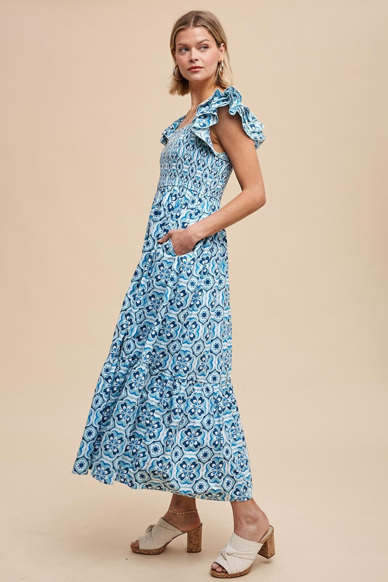 Blue Floral Smocked Flutter Cap Sleeve Maxi Dress  PinkBlush