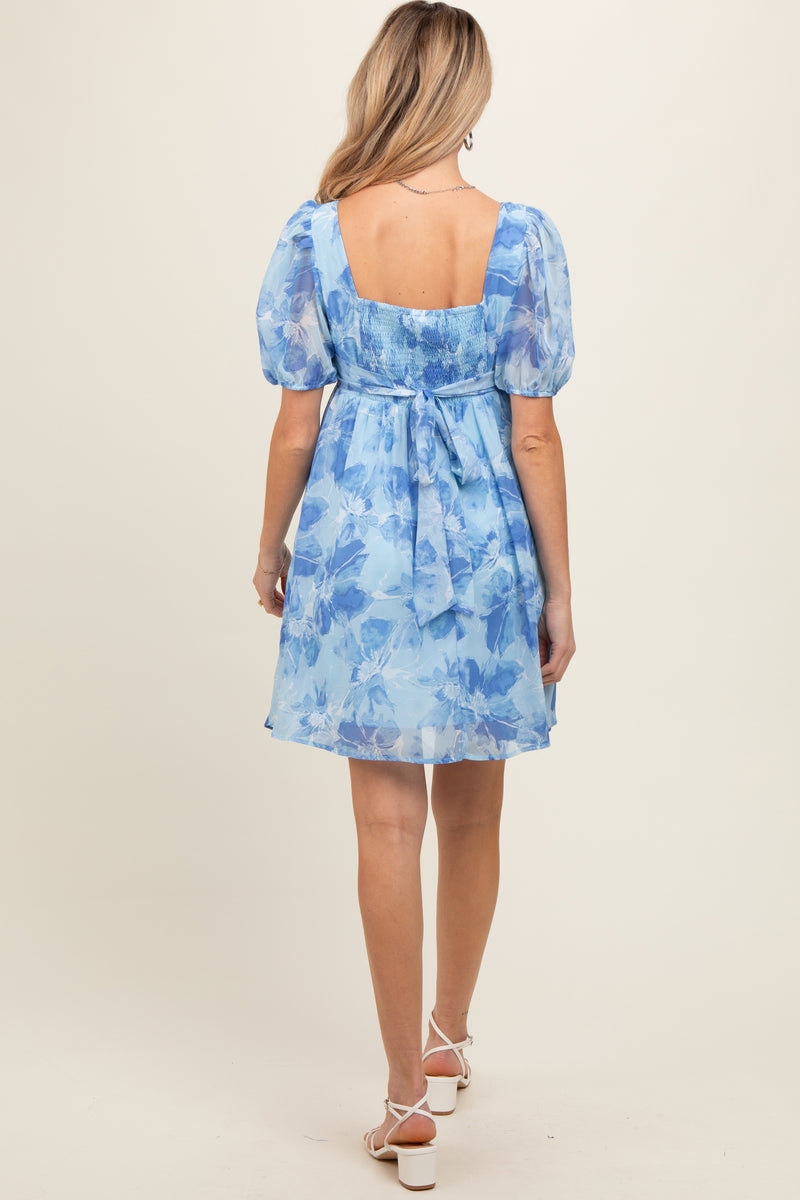 Blue Coloblock Puff Sleeve Maternity Midi Dress