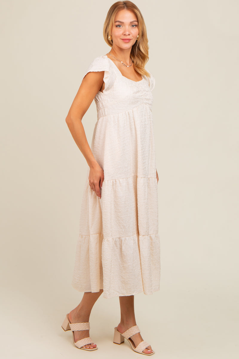 Simply Be Ivory Floral Shirred Long Sleeve Tiered Midi Dress 22, 24, 28, 30, 32 main image 0