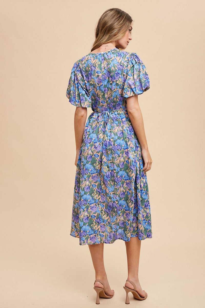 Blue and Green Floral Puff Sleeve Dress