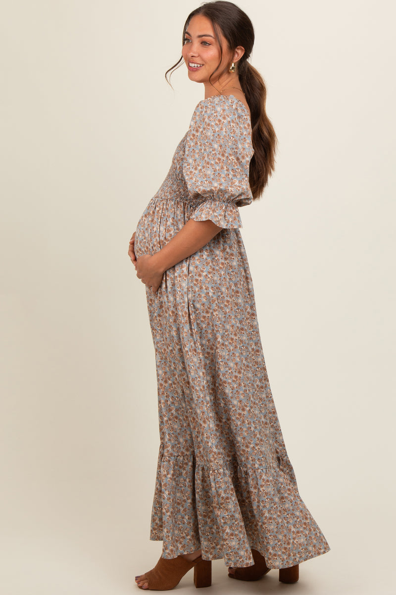 Juliette | Powder Blue Bardot-Neck Maternity Maxi Dress With Drop-Waist