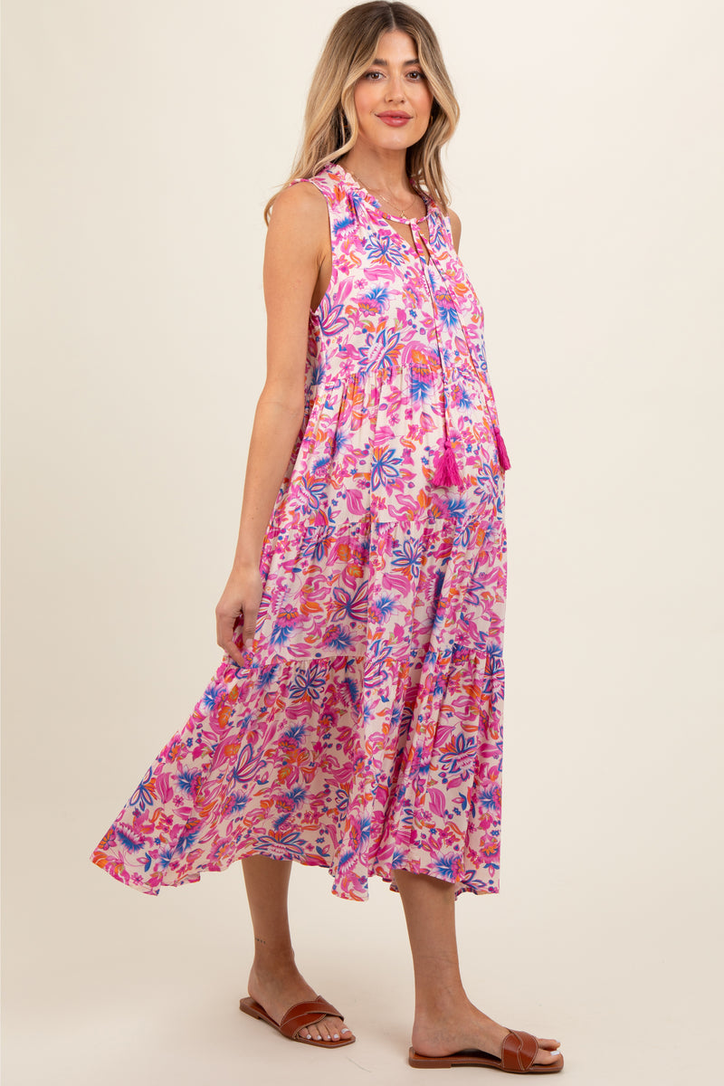Blue Floral Ruffle Mock Neck Tiered Maxi Dress main image 0