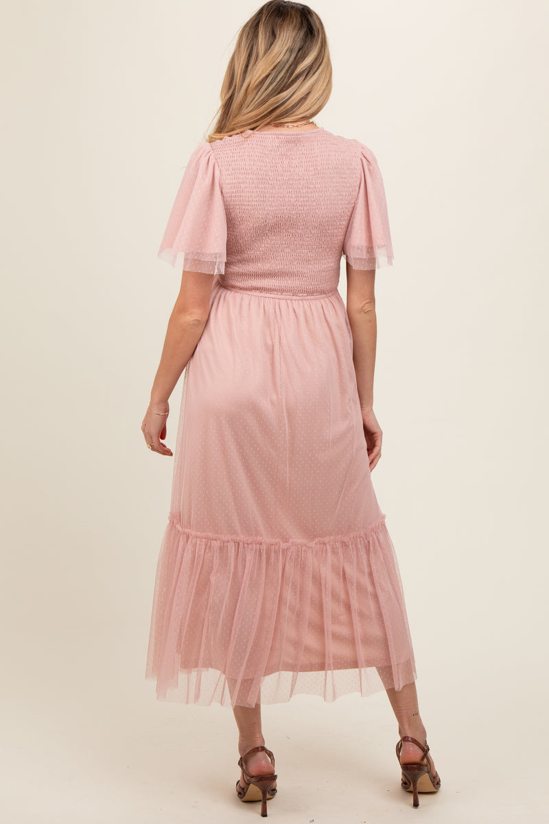 Pink Printed Smocked Maternity Midi Dress main image 0