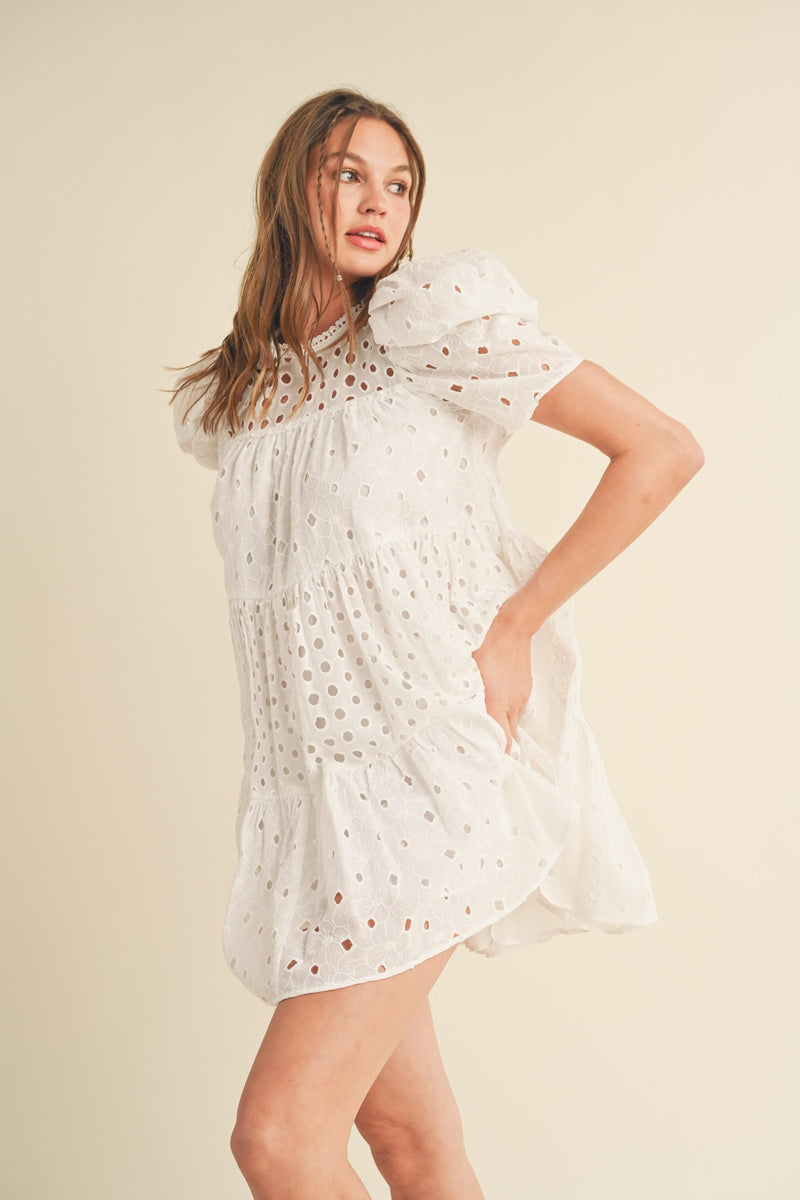 White Floral Eyelet Puff Sleeve Mini Dress – PinkBlush