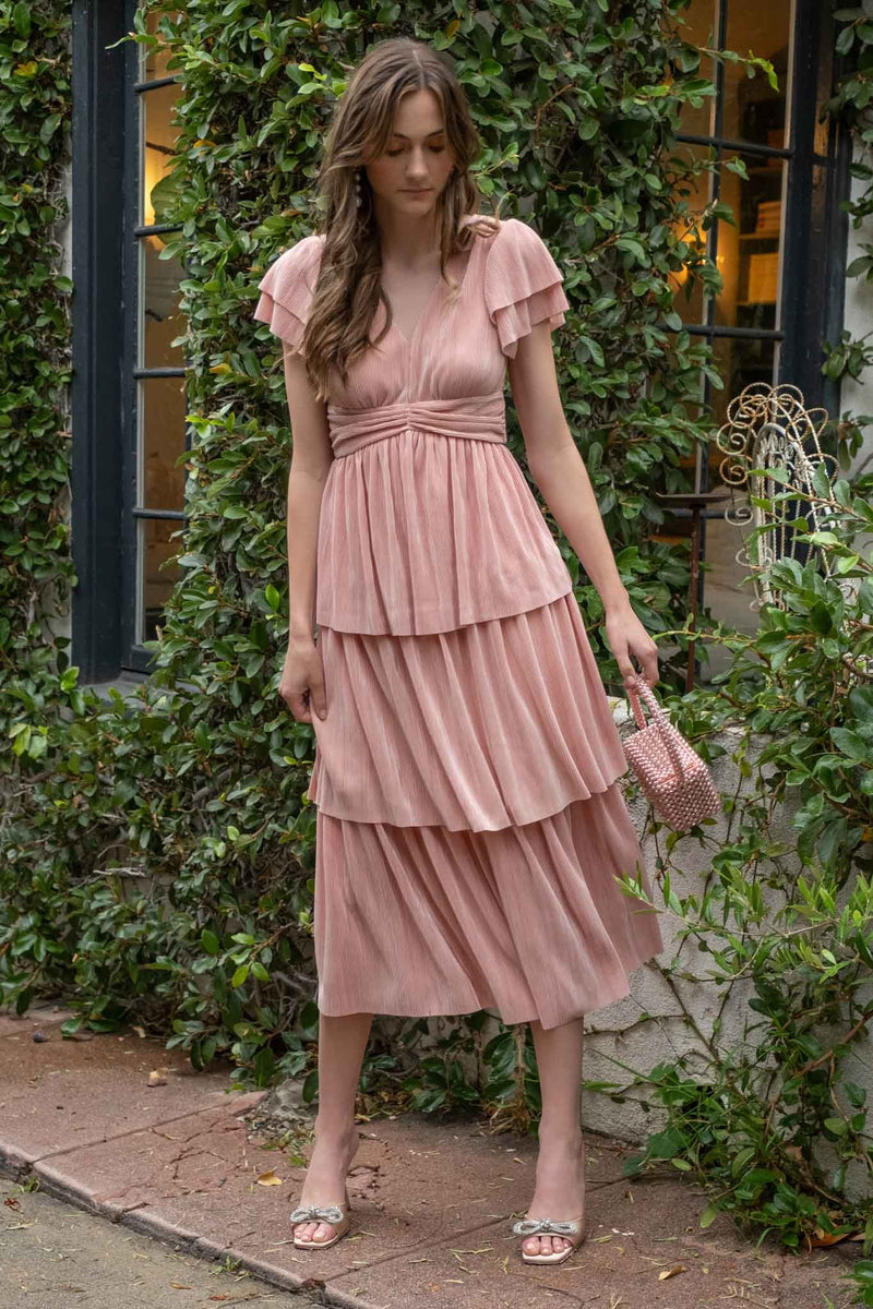 Layered Ruffle Dress Midi Pink Pleated Tiered Midi Dress  PinkBlush