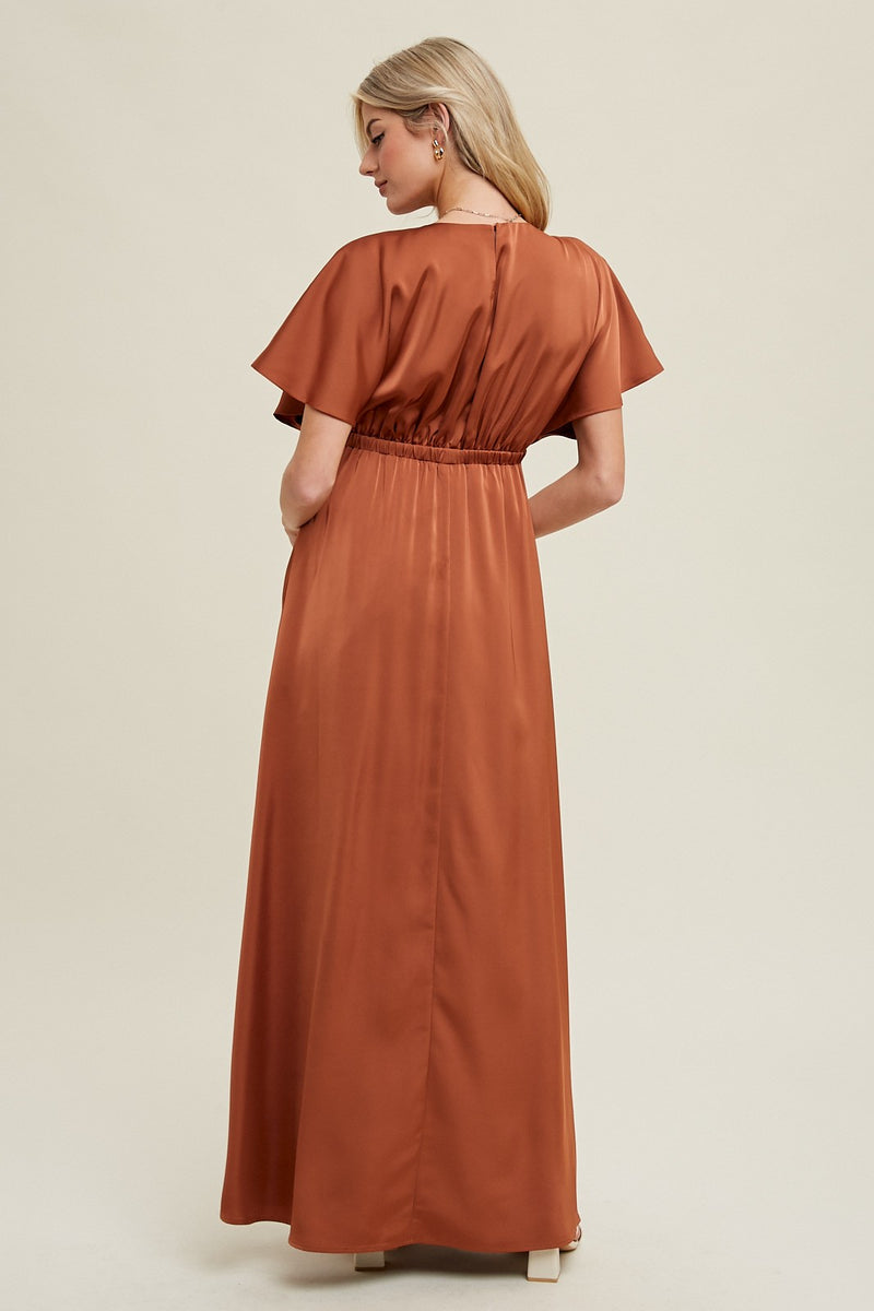 Long Tulle Dress with Deep V Neck Satin Sash Decor Rust