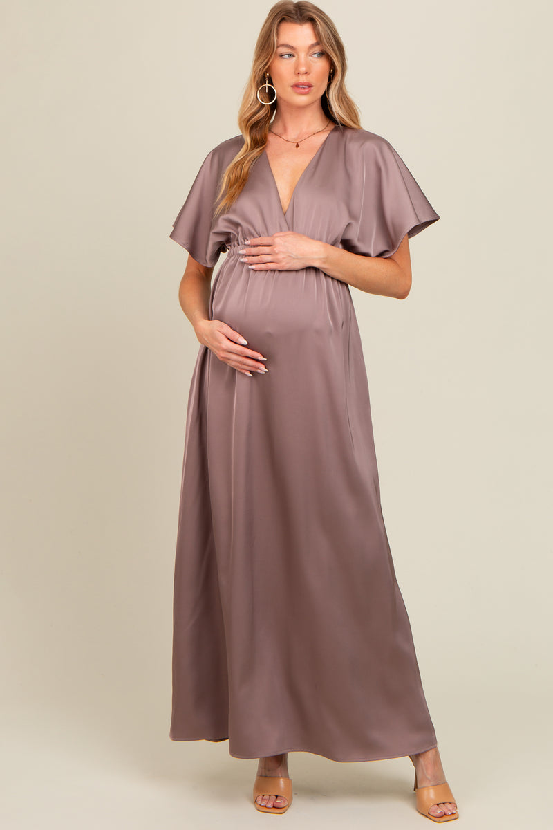 Silver Satin Square Neck Short Puff Sleeve Maternity Maxi Dress main image 1