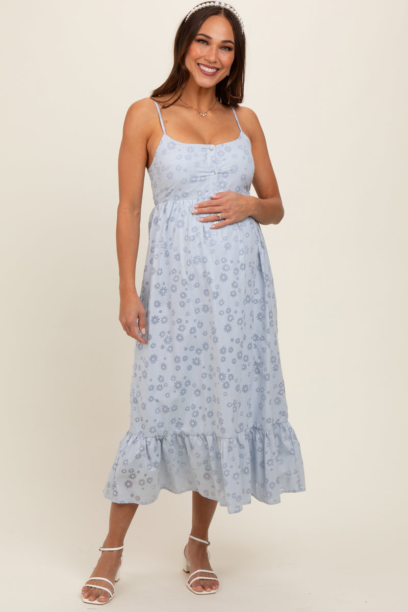 Ivory/Blue Printed Maternity Dress With Pockets
